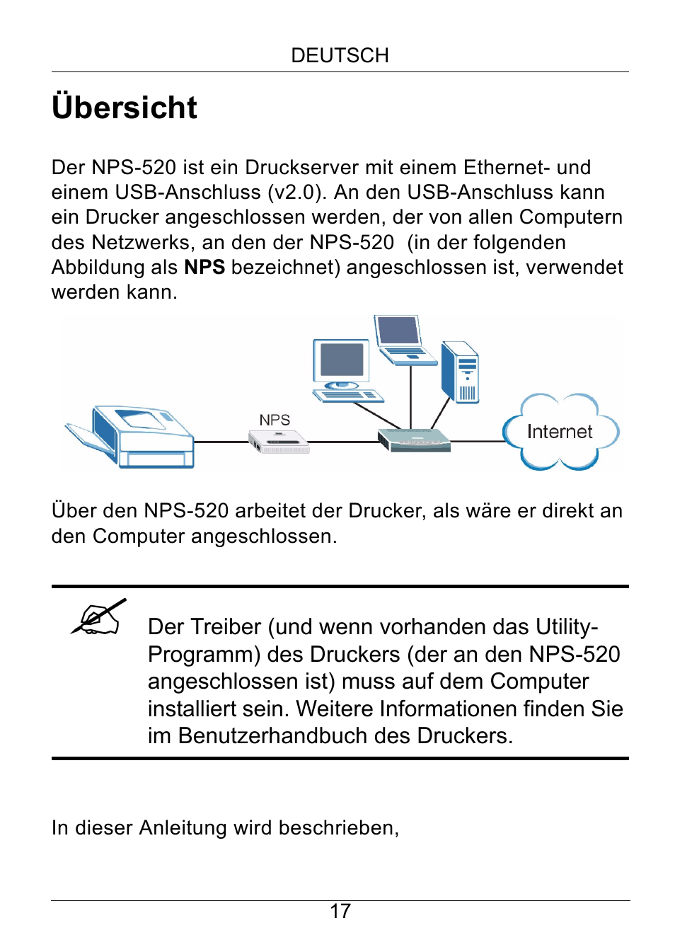 Deutsch, Übersicht | ZyXEL Communications NPS-520 User Manual | Page 18 / 115