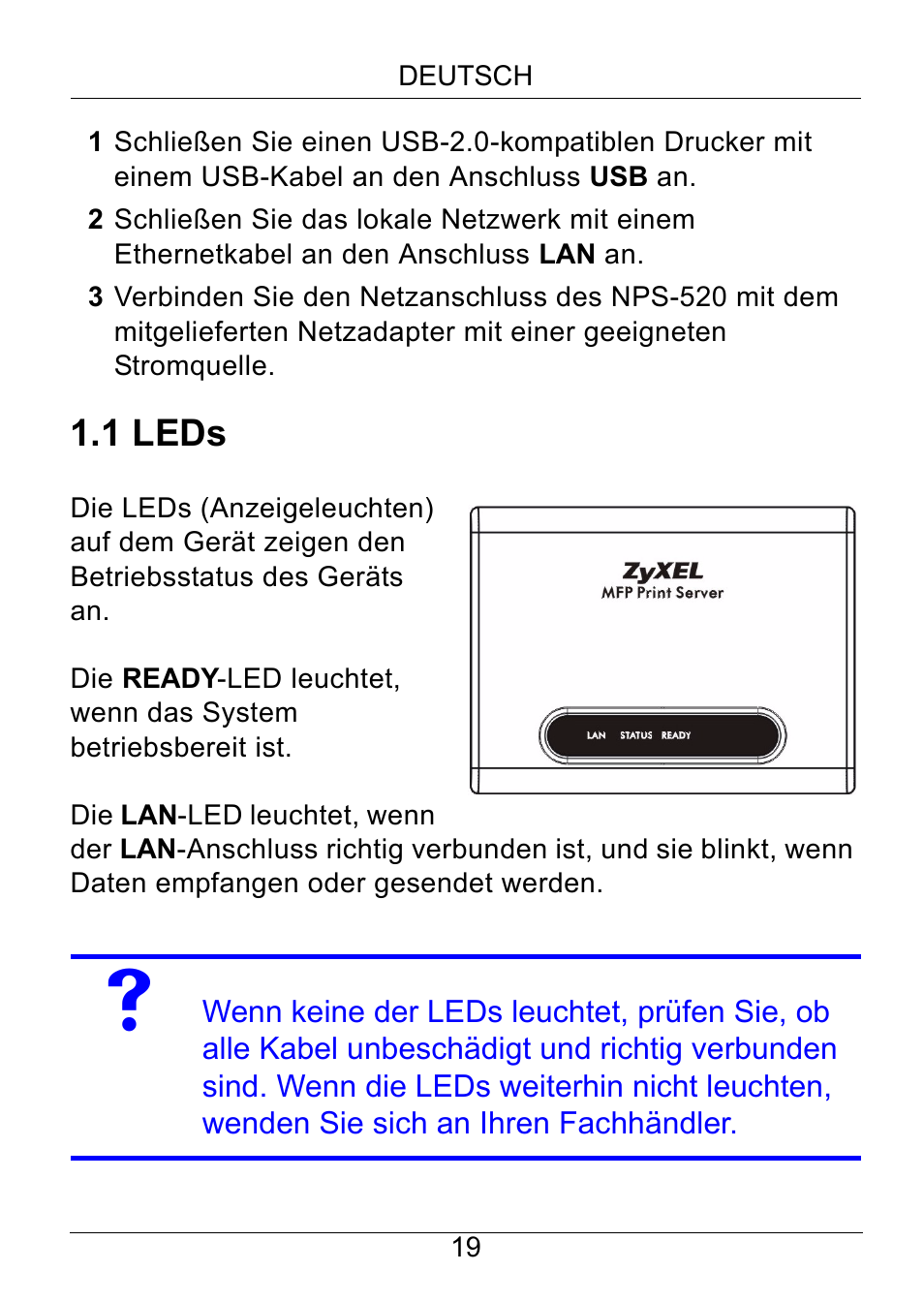 1 leds | ZyXEL Communications NPS-520 User Manual | Page 20 / 115