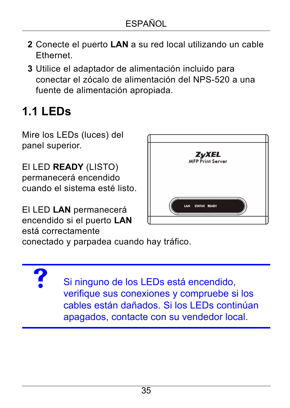 1 leds | ZyXEL Communications NPS-520 User Manual | Page 36 / 115