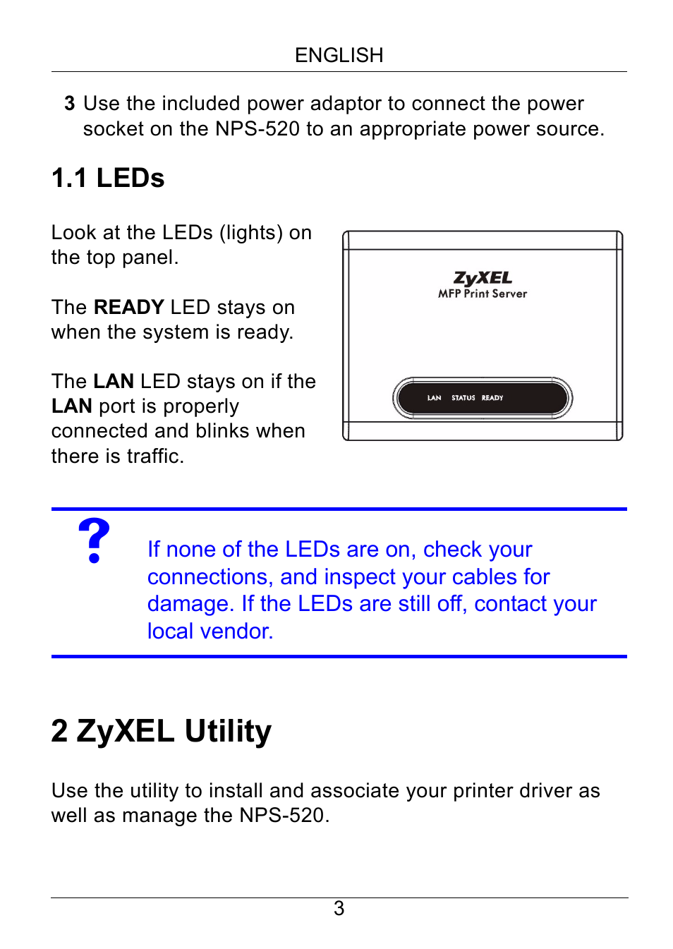 1 leds, 2 zyxel utility | ZyXEL Communications NPS-520 User Manual | Page 4 / 115
