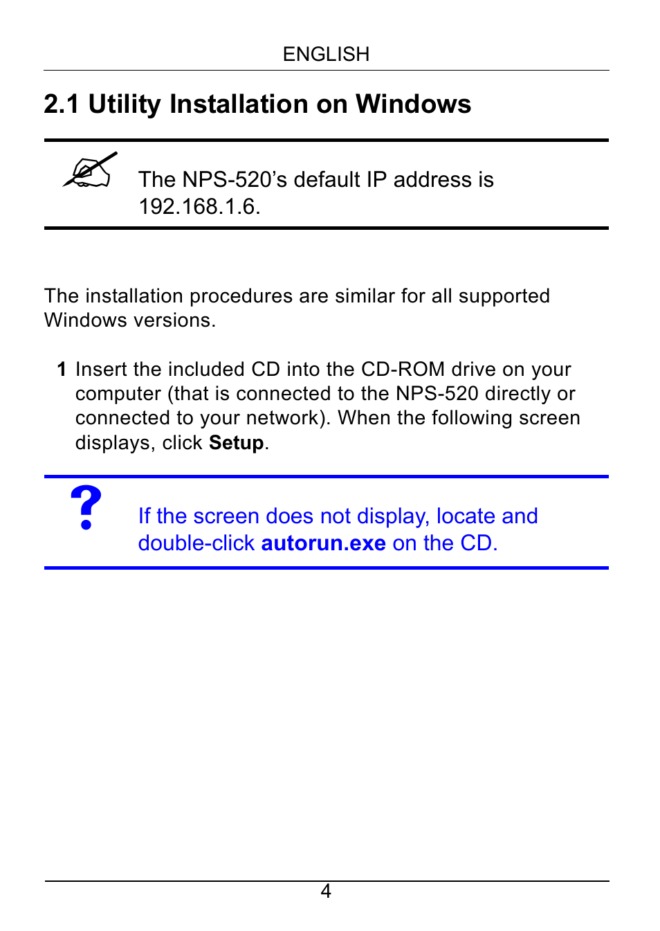 1 utility installation on windows | ZyXEL Communications NPS-520 User Manual | Page 5 / 115