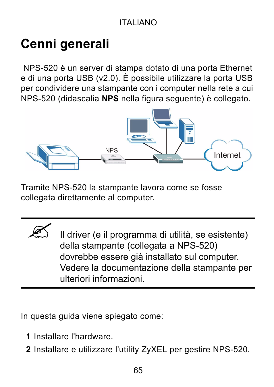 Italiano, Cenni generali | ZyXEL Communications NPS-520 User Manual | Page 66 / 115
