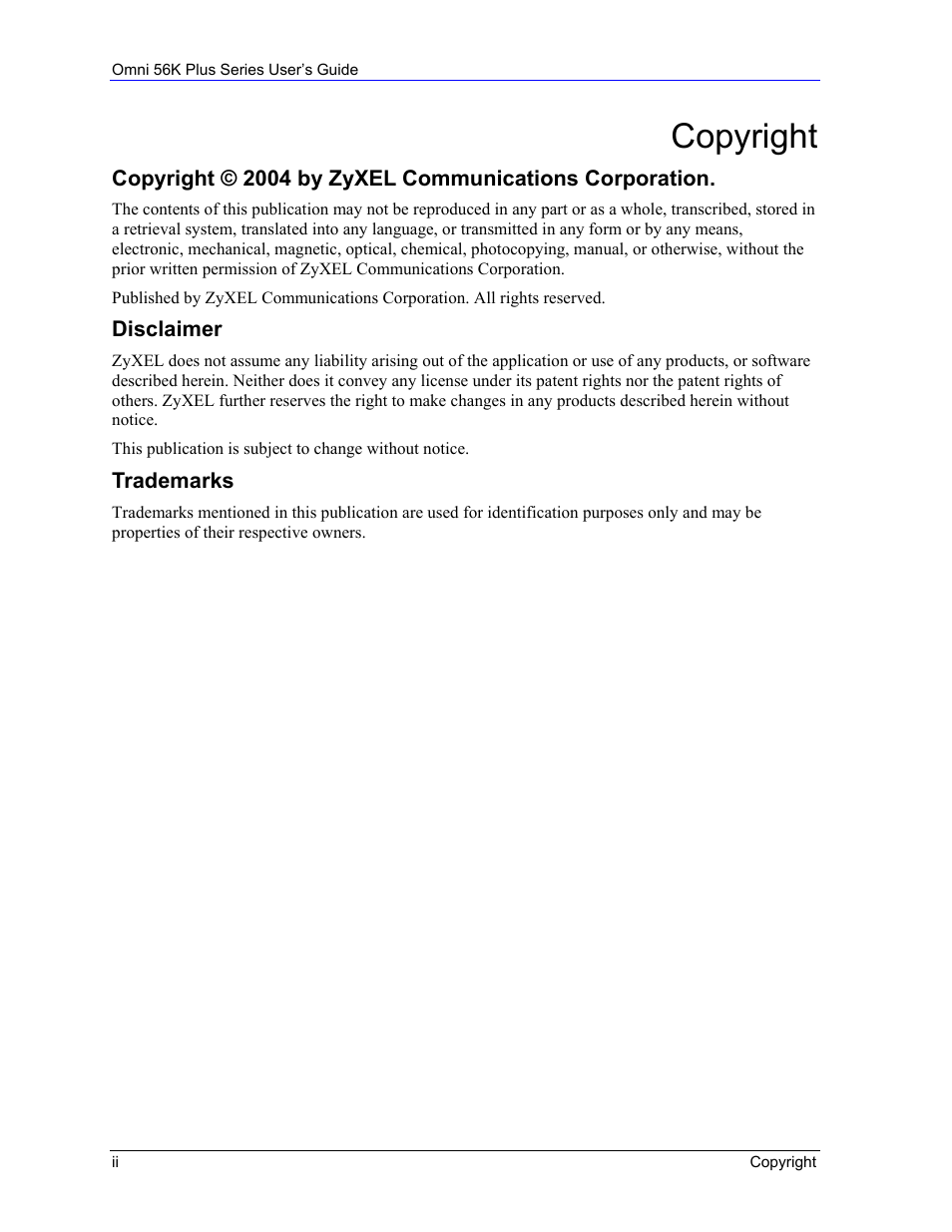 Copyright | ZyXEL Communications 56K Plus Series User Manual | Page 2 / 66