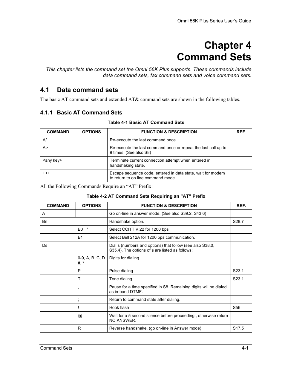 Command sets, Data command sets, Chapter 4 command sets | 1 data command sets | ZyXEL Communications 56K Plus Series User Manual | Page 29 / 66