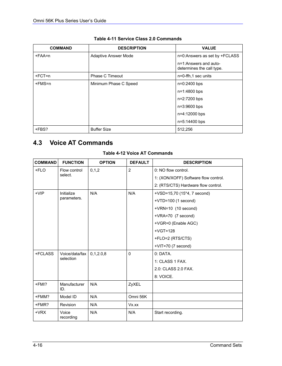 Voice at commands, 3 voice at commands | ZyXEL Communications 56K Plus Series User Manual | Page 44 / 66