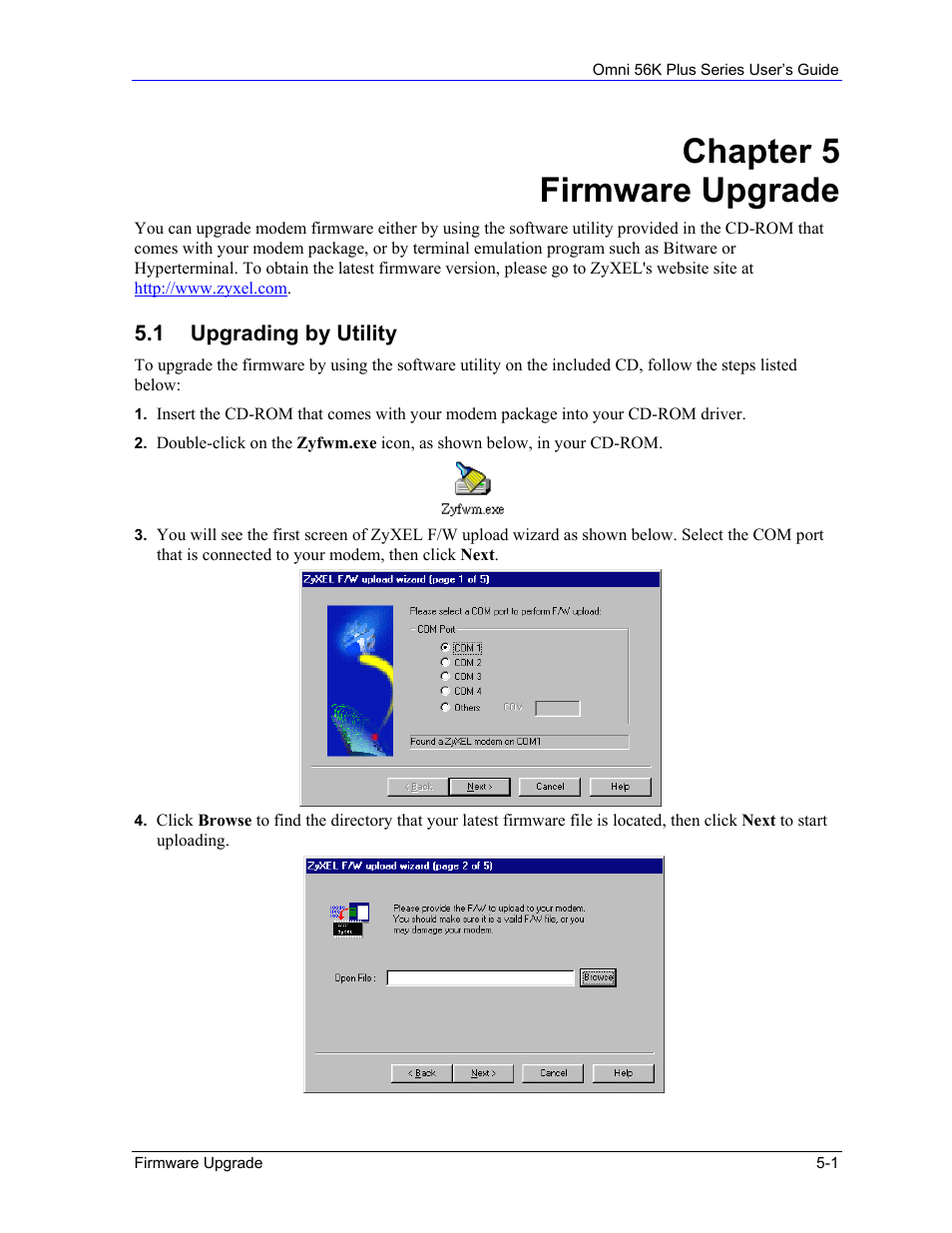 Firmware upgrade, Upgrading by utility, Chapter 5 firmware upgrade | ZyXEL Communications 56K Plus Series User Manual | Page 55 / 66