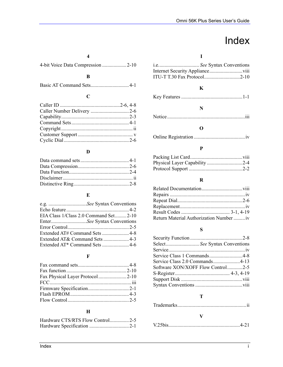 Index | ZyXEL Communications 56K Plus Series User Manual | Page 65 / 66