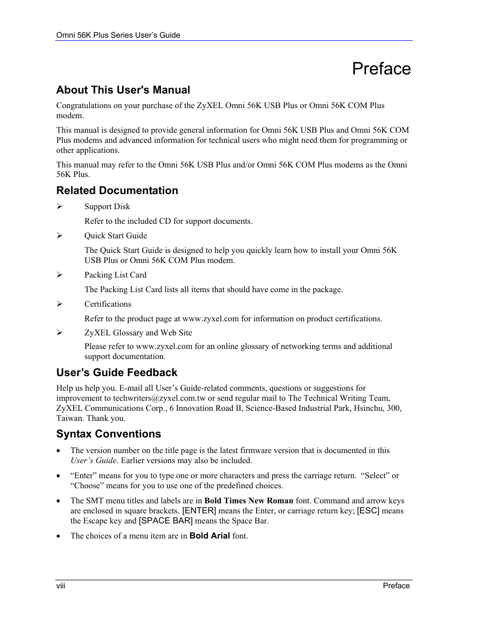 Preface | ZyXEL Communications 56K Plus Series User Manual | Page 8 / 66