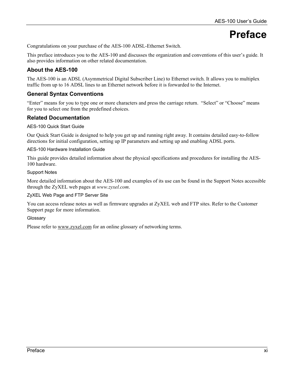Preface | ZyXEL Communications AES-100 User Manual | Page 11 / 90