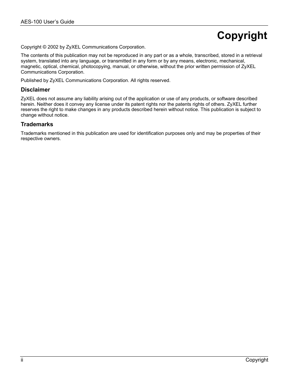 Copyright | ZyXEL Communications AES-100 User Manual | Page 2 / 90