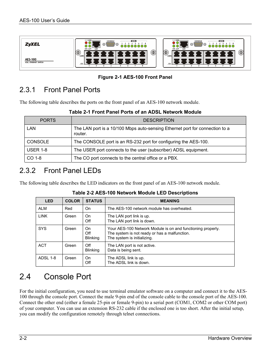 Console port, 4 console port, 1 front panel ports | 2 front panel leds | ZyXEL Communications AES-100 User Manual | Page 20 / 90