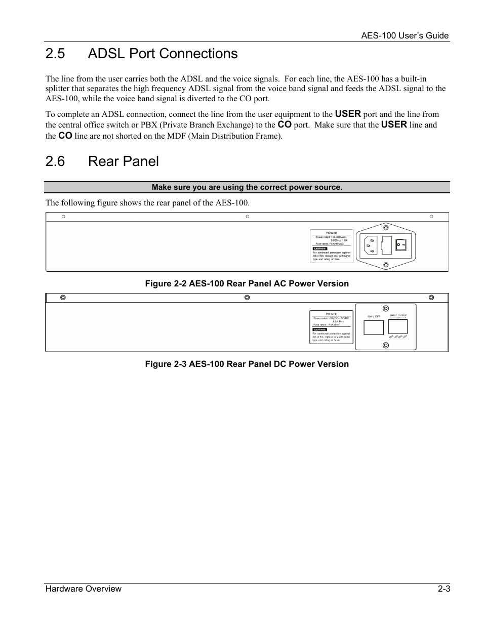 Adsl port connections, Rear panel, 5 adsl port connections | 6 rear panel | ZyXEL Communications AES-100 User Manual | Page 21 / 90
