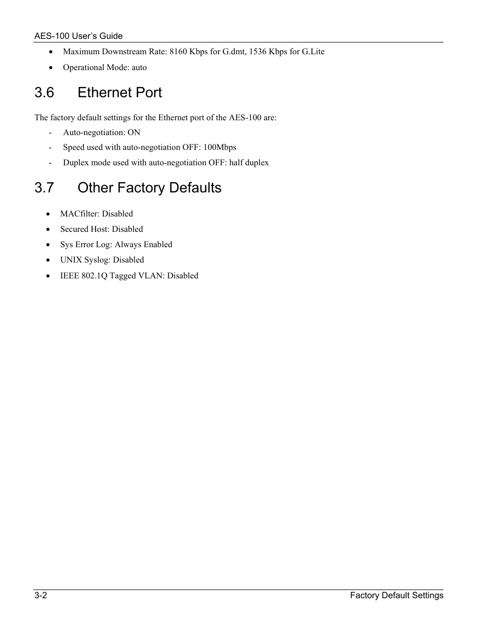 Ethernet port, Other factory defaults, 6 ethernet port | 7 other factory defaults | ZyXEL Communications AES-100 User Manual | Page 24 / 90