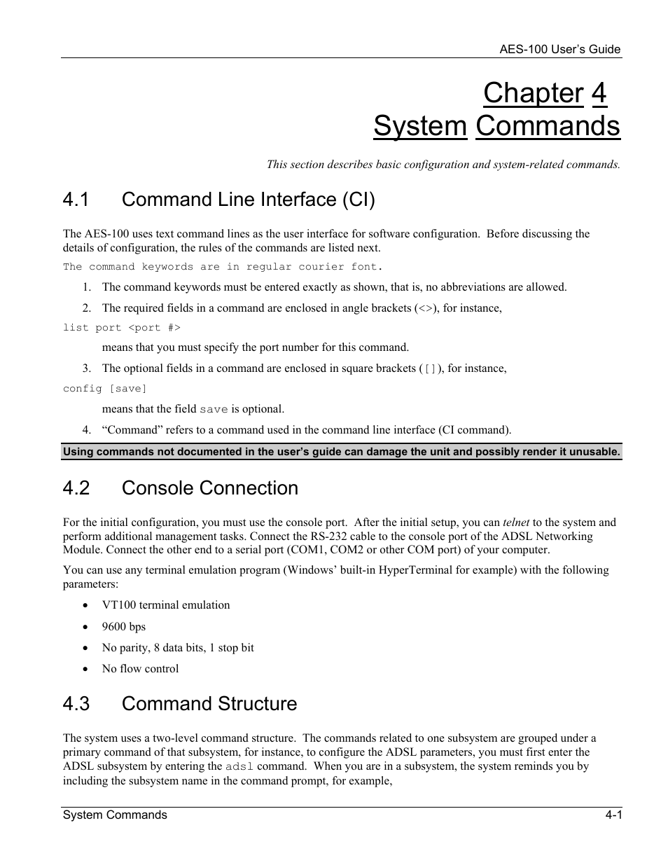 System commands, Command line interface (ci), Console connection | Command structure, Chapter 4 system commands, 1 command line interface (ci), 2 console connection, 3 command structure | ZyXEL Communications AES-100 User Manual | Page 25 / 90