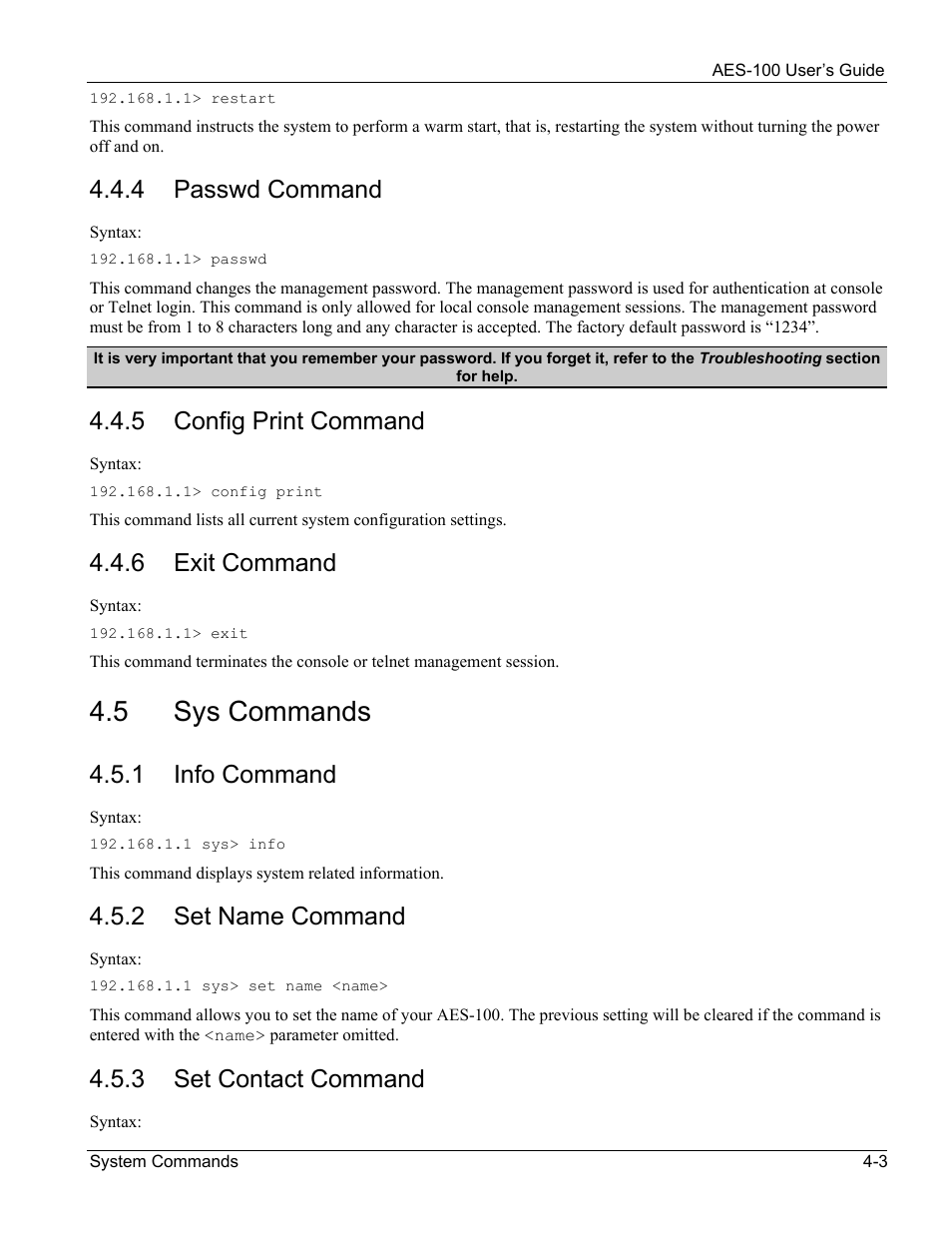 Sys commands, 5 sys commands, 4 passwd command | 5 config print command, 6 exit command, 1 info command, 2 set name command, 3 set contact command | ZyXEL Communications AES-100 User Manual | Page 27 / 90