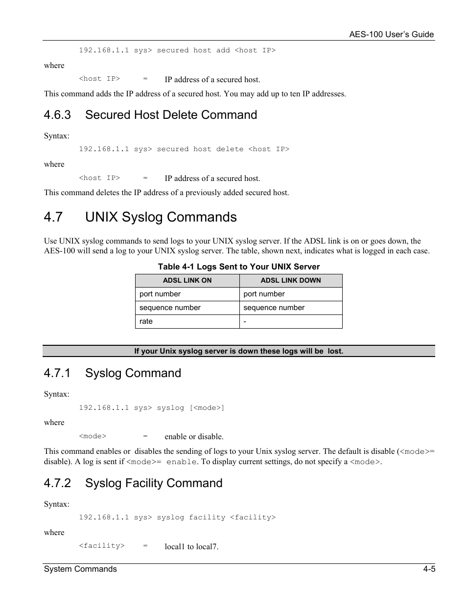 Unix syslog commands, 7 unix syslog commands, 3 secured host delete command | 1 syslog command, 2 syslog facility command | ZyXEL Communications AES-100 User Manual | Page 29 / 90