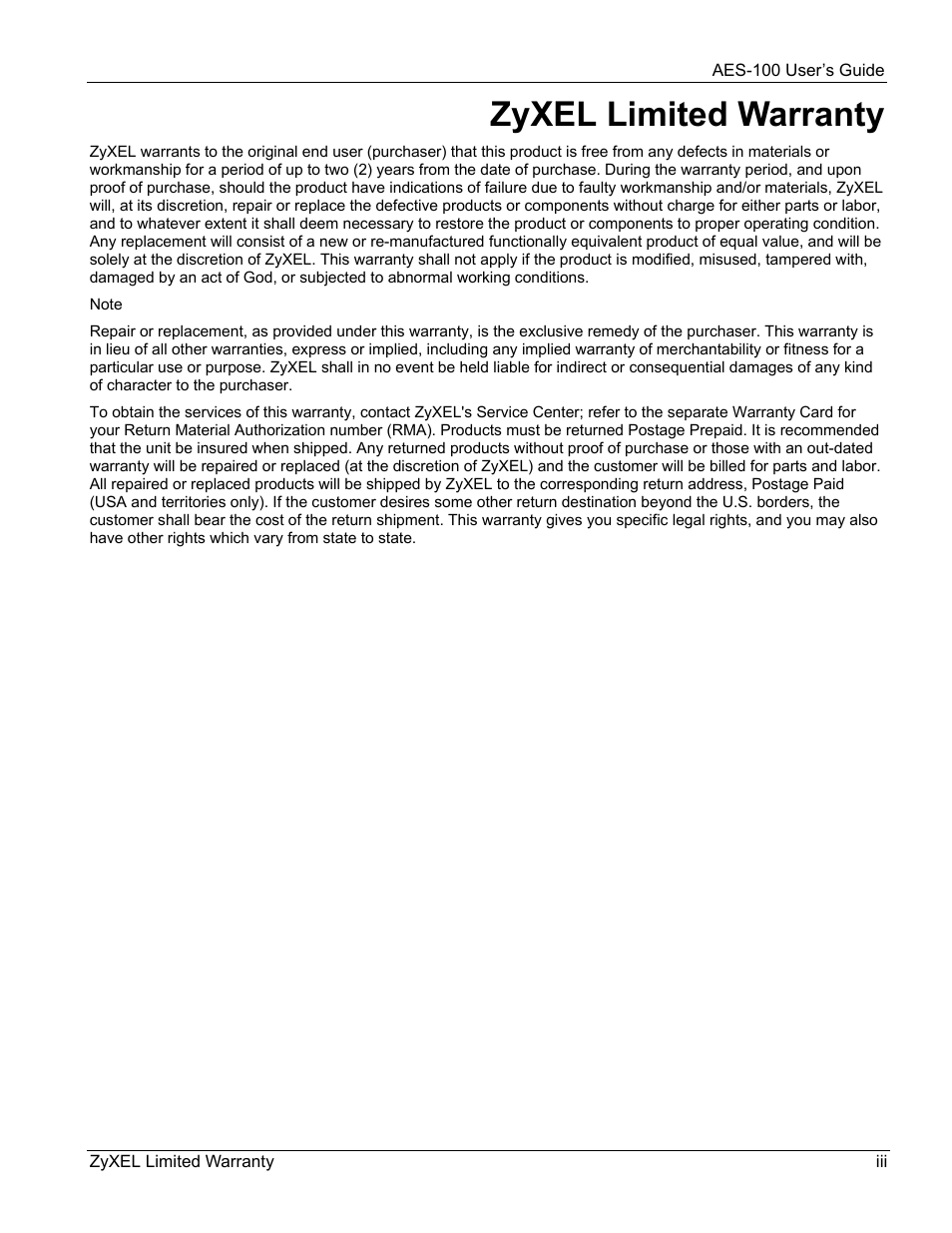 Zyxel limited warranty | ZyXEL Communications AES-100 User Manual | Page 3 / 90