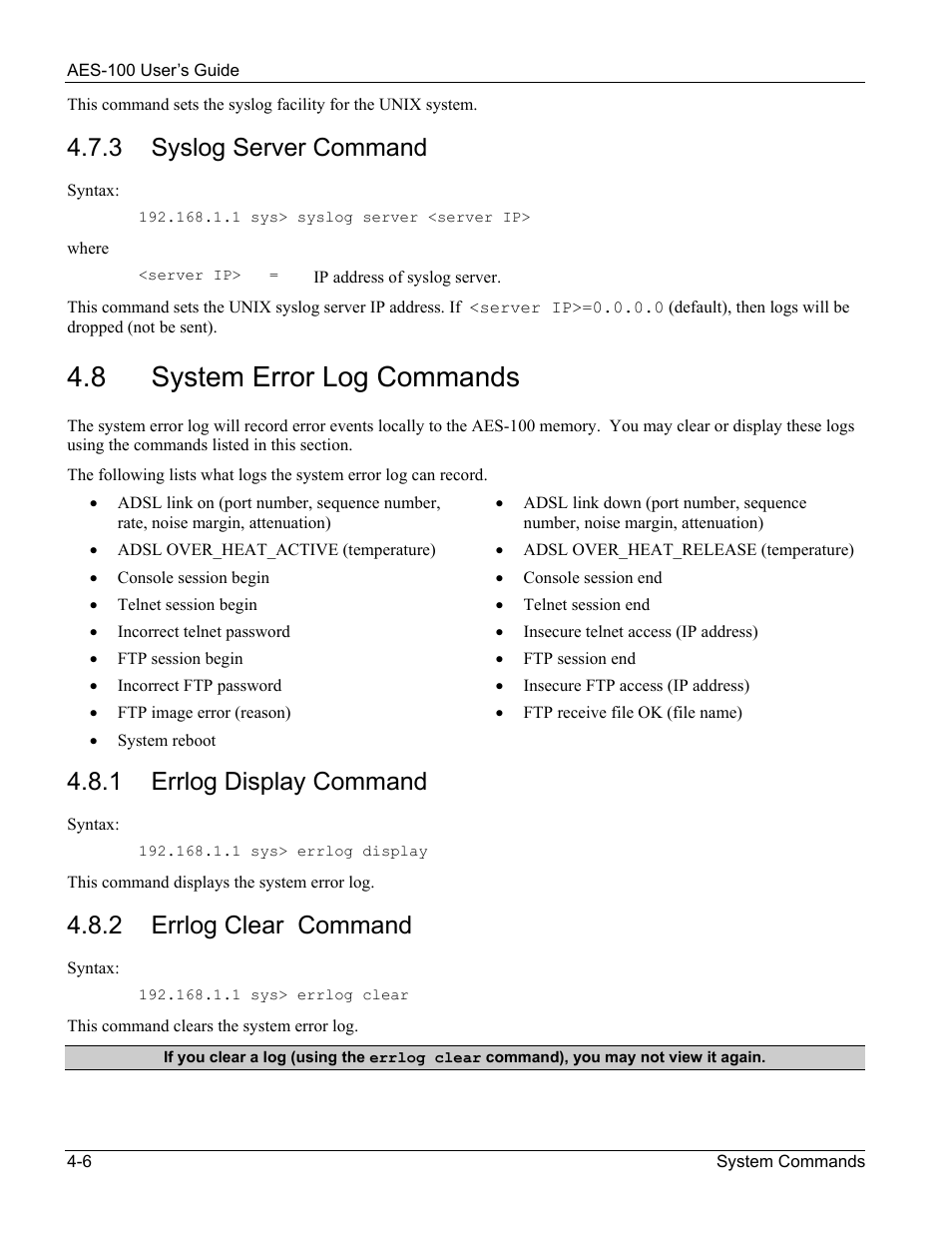 System error log commands, 8 system error log commands, 3 syslog server command | 1 errlog display command, 2 errlog clear command | ZyXEL Communications AES-100 User Manual | Page 30 / 90
