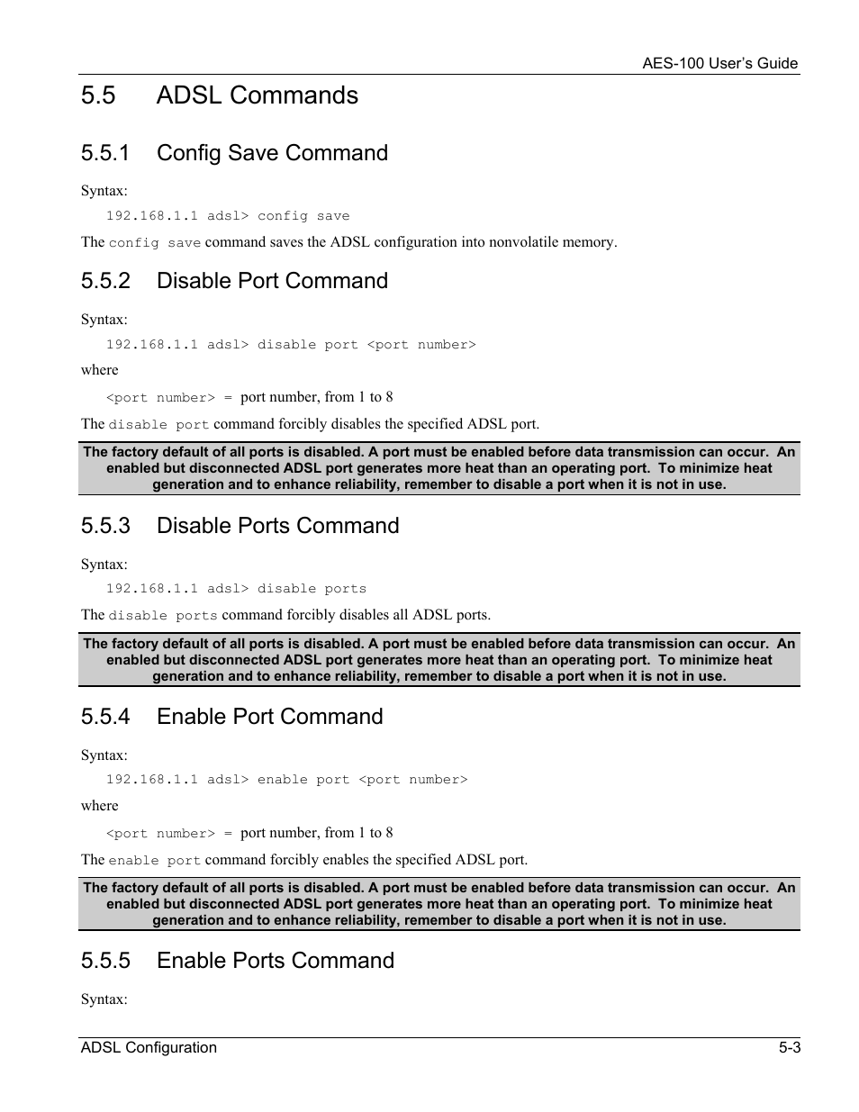 Adsl commands, 5 adsl commands, 1 config save command | 2 disable port command, 3 disable ports command, 4 enable port command, 5 enable ports command | ZyXEL Communications AES-100 User Manual | Page 35 / 90