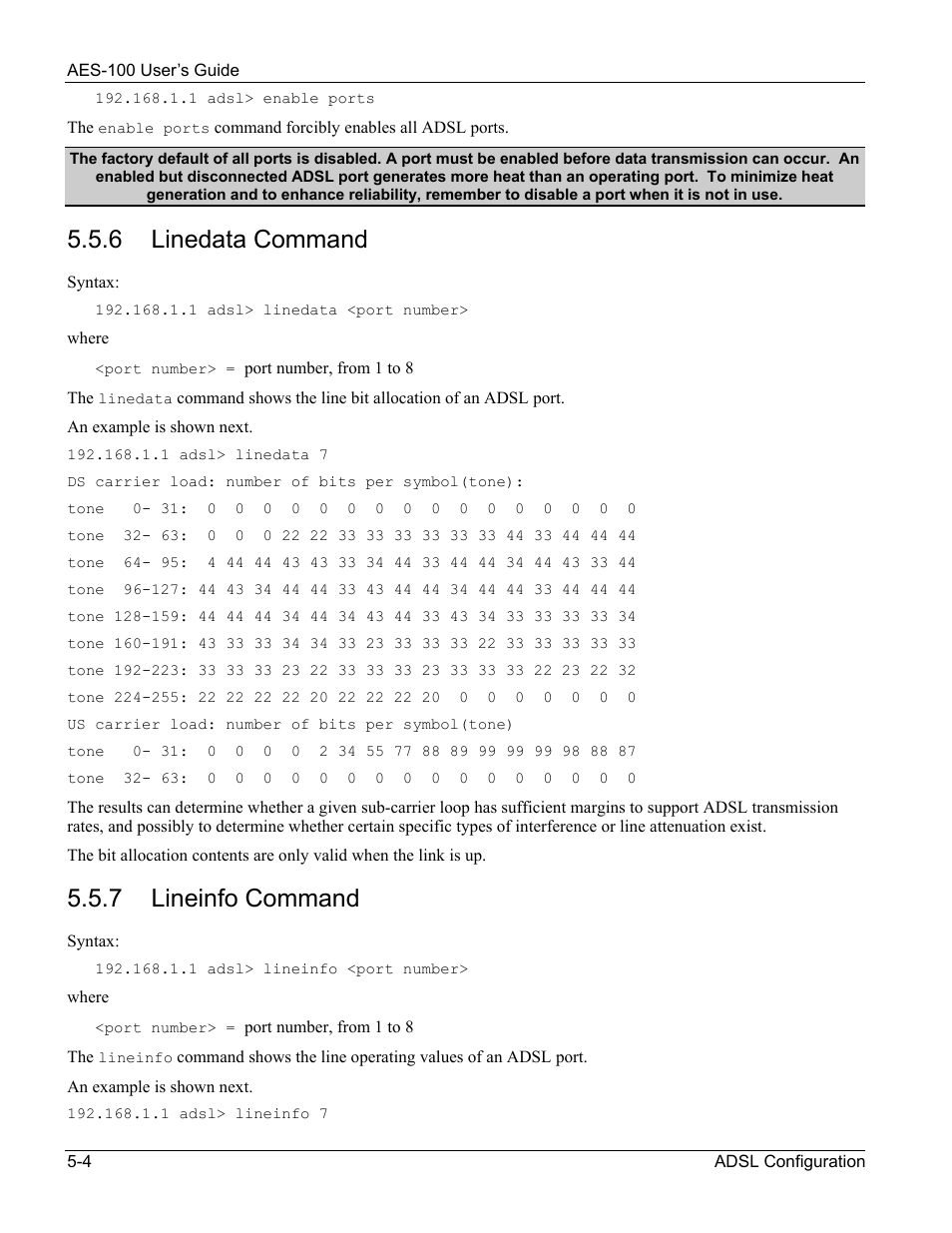 6 linedata command, 7 lineinfo command | ZyXEL Communications AES-100 User Manual | Page 36 / 90