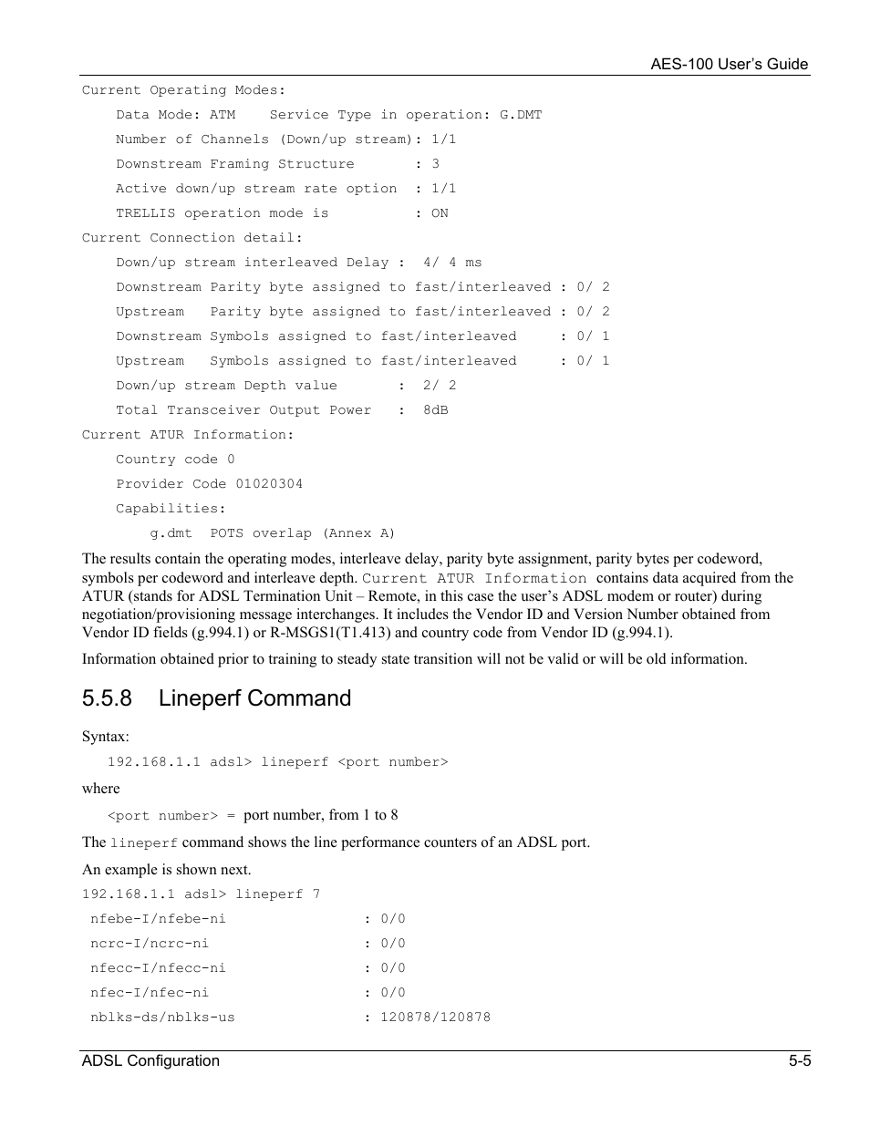 8 lineperf command | ZyXEL Communications AES-100 User Manual | Page 37 / 90