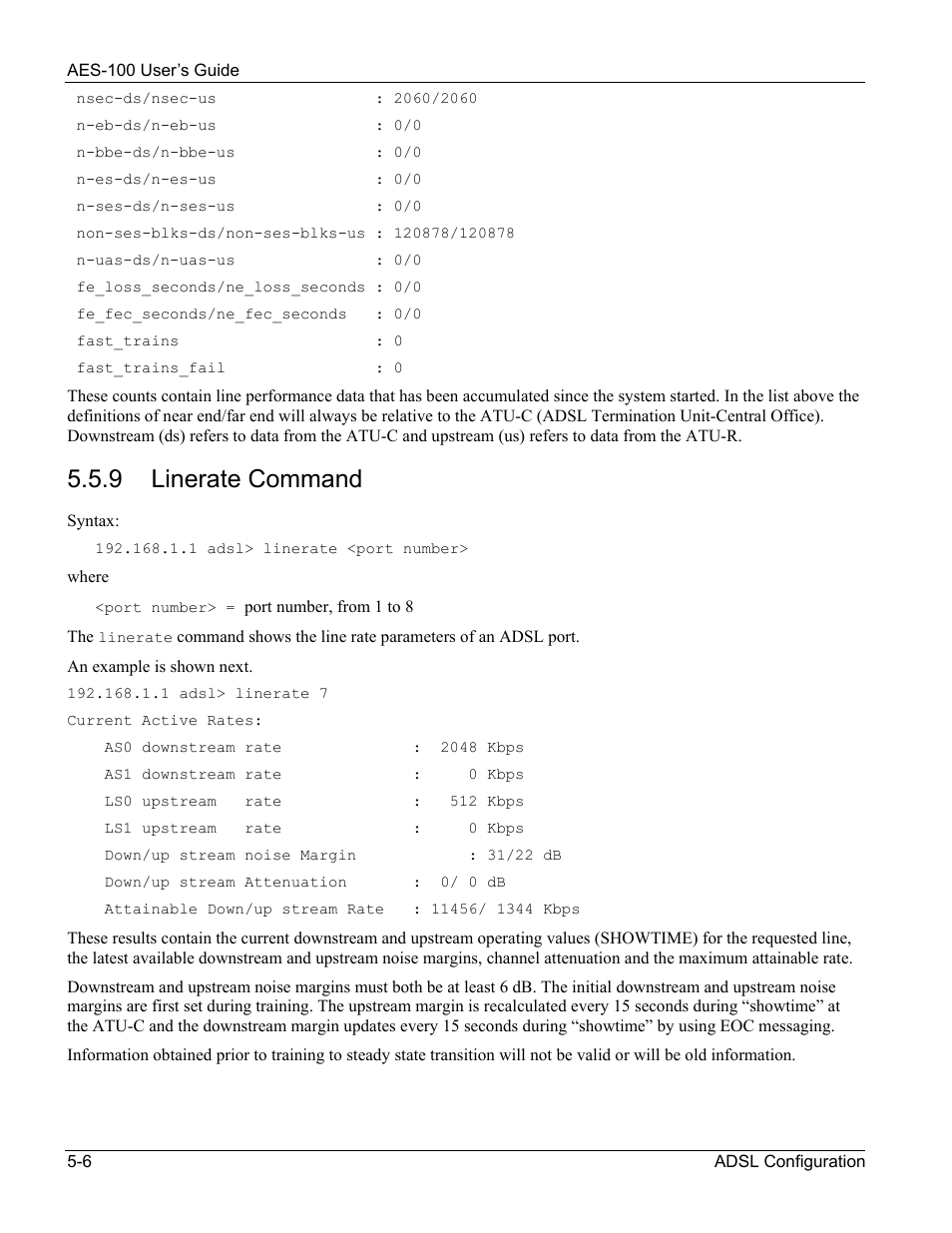 9 linerate command | ZyXEL Communications AES-100 User Manual | Page 38 / 90