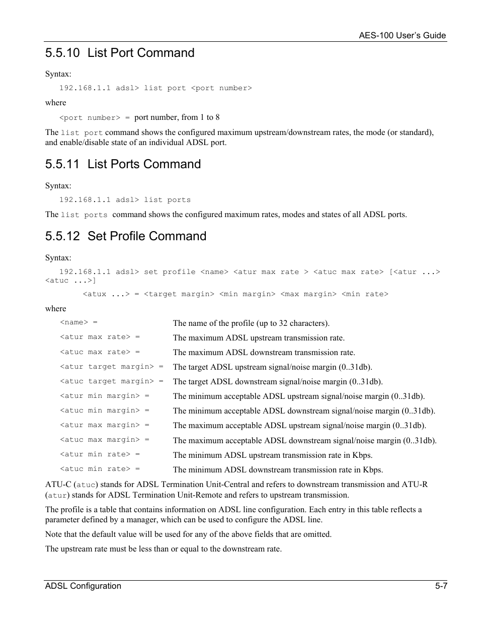10 list port command, 11 list ports command, 12 set profile command | ZyXEL Communications AES-100 User Manual | Page 39 / 90