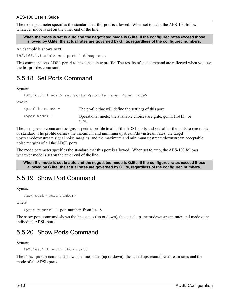 18 set ports command, 19 show port command, 20 show ports command | ZyXEL Communications AES-100 User Manual | Page 42 / 90