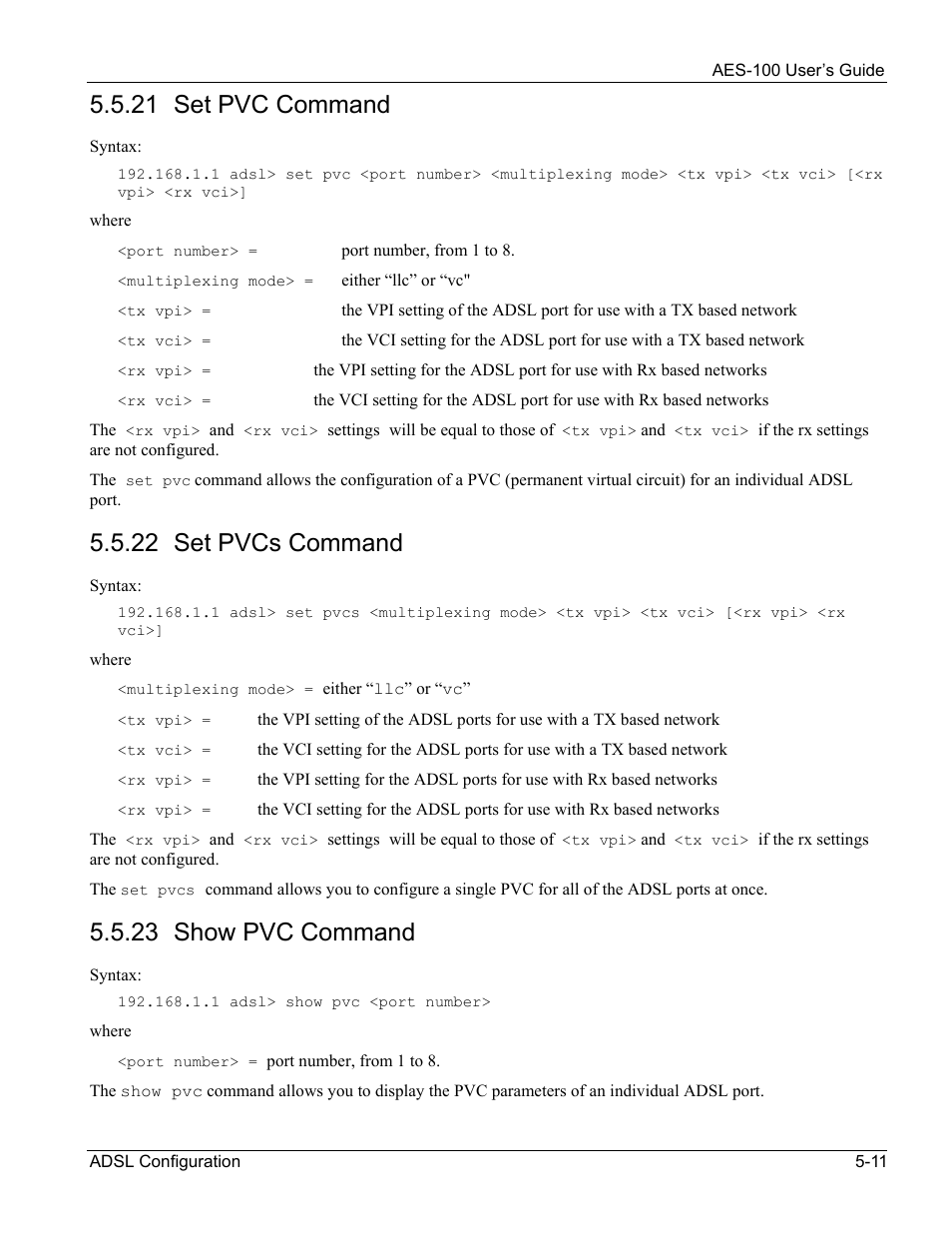 21 set pvc command, 22 set pvcs command, 23 show pvc command | ZyXEL Communications AES-100 User Manual | Page 43 / 90