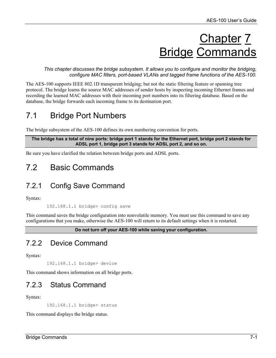 Bridge commands, Bridge port numbers, Basic commands | Chapter 7 bridge commands, 1 bridge port numbers, 2 basic commands | ZyXEL Communications AES-100 User Manual | Page 47 / 90