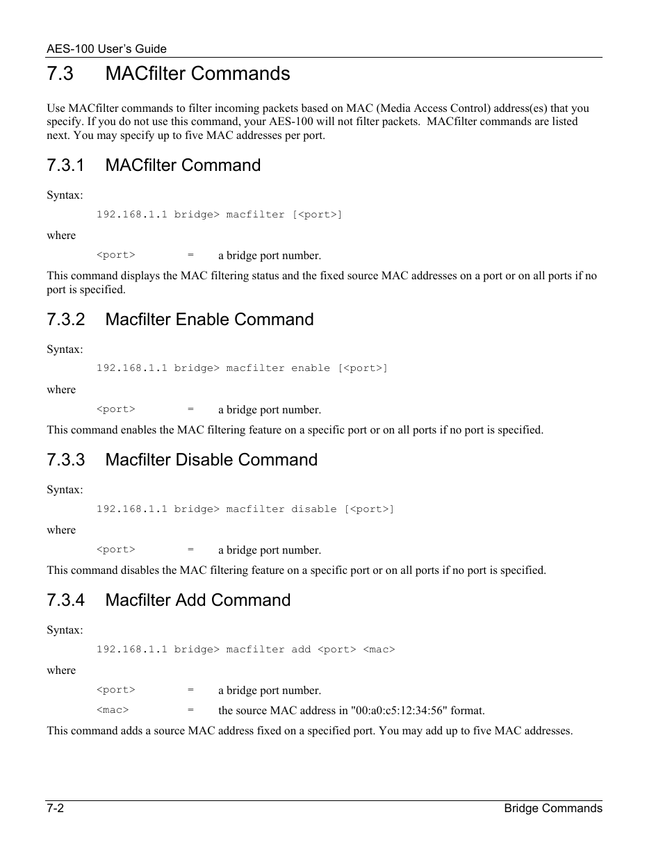 Macfilter commands, 3 macfilter commands, 1 macfilter command | 2 macfilter enable command, 3 macfilter disable command, 4 macfilter add command | ZyXEL Communications AES-100 User Manual | Page 48 / 90