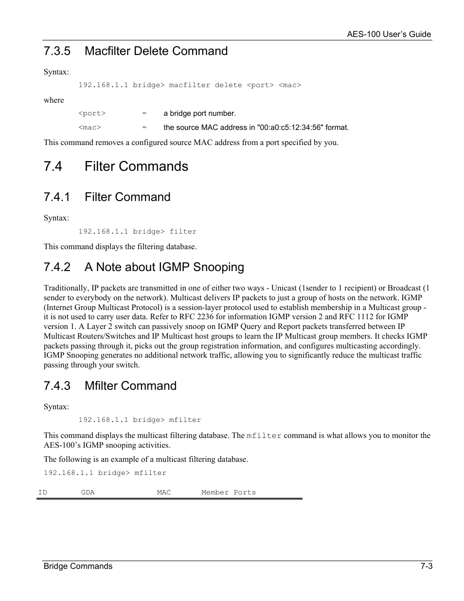 Filter commands, 4 filter commands, 5 macfilter delete command | 1 filter command, 3 mfilter command | ZyXEL Communications AES-100 User Manual | Page 49 / 90