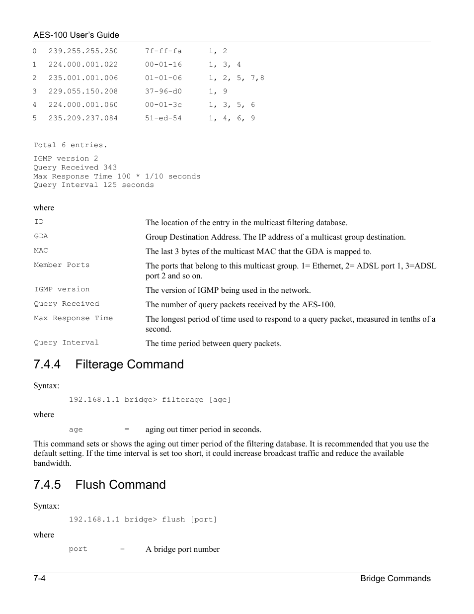 4 filterage command, 5 flush command | ZyXEL Communications AES-100 User Manual | Page 50 / 90