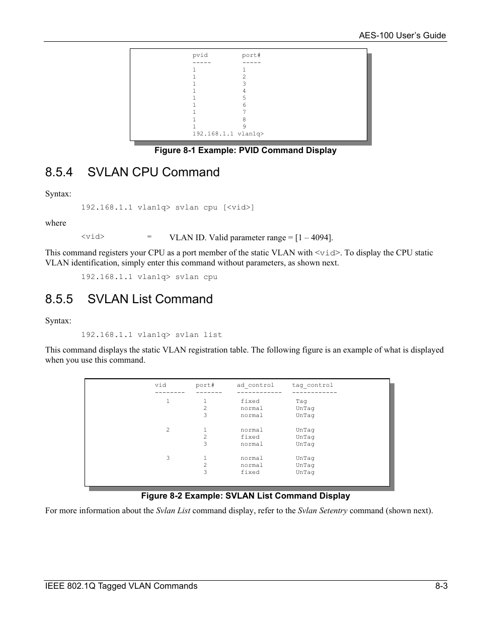 4 svlan cpu command, 5 svlan list command, Syntax | Where | ZyXEL Communications AES-100 User Manual | Page 59 / 90