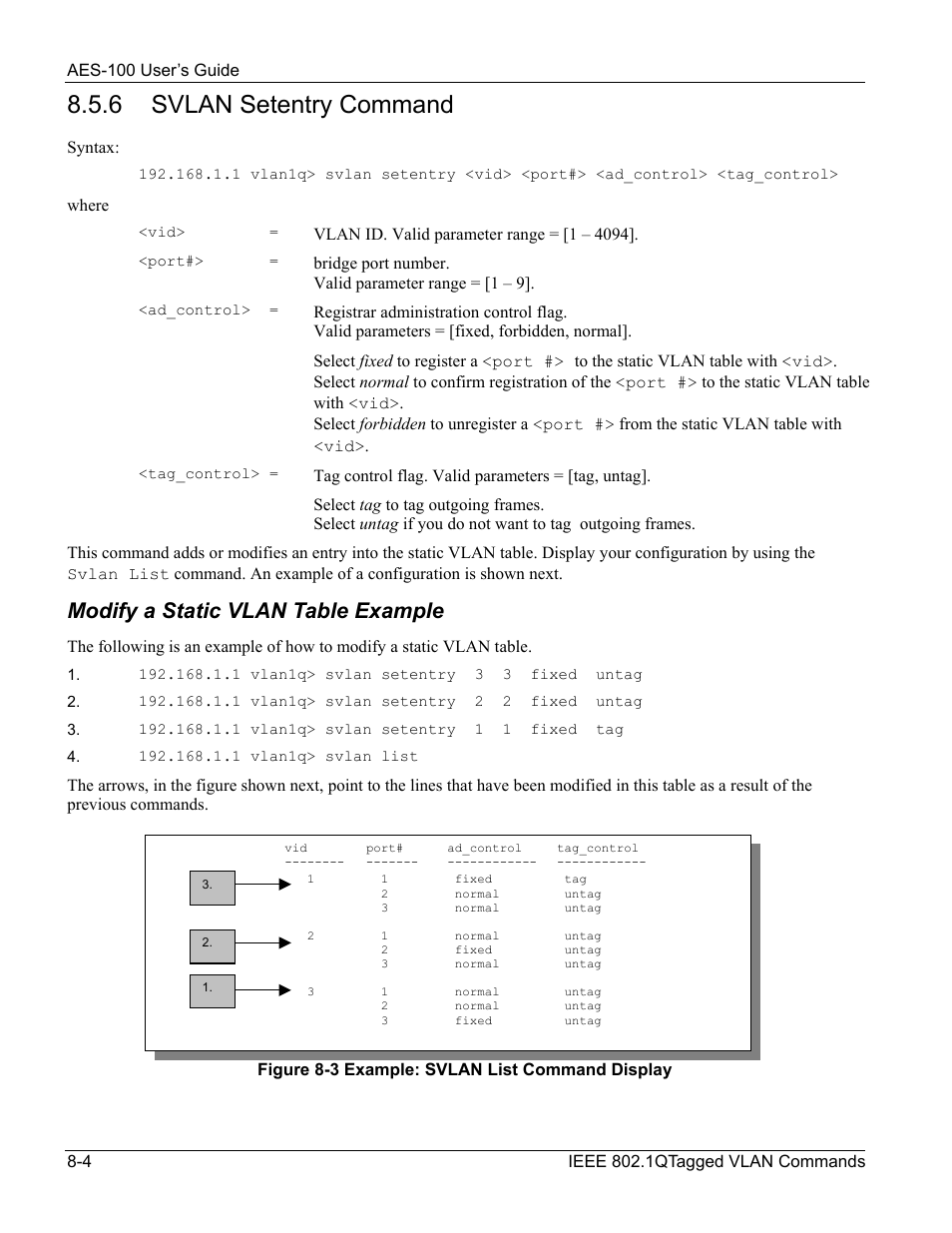 6 svlan setentry command, Modify a static vlan table example | ZyXEL Communications AES-100 User Manual | Page 60 / 90