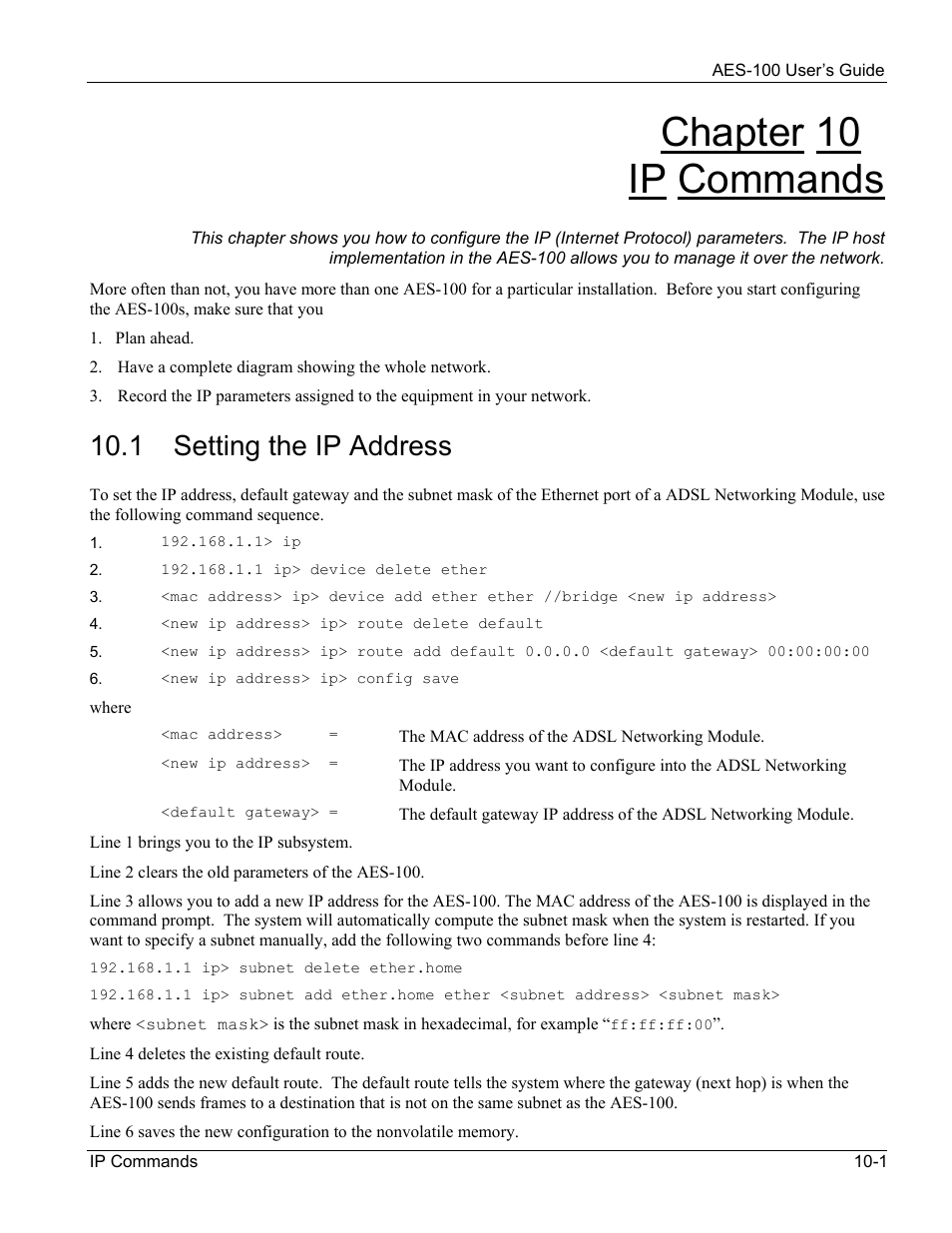Ip commands, Setting the ip address, Chapter 10 ip commands | 1 setting the ip address | ZyXEL Communications AES-100 User Manual | Page 67 / 90