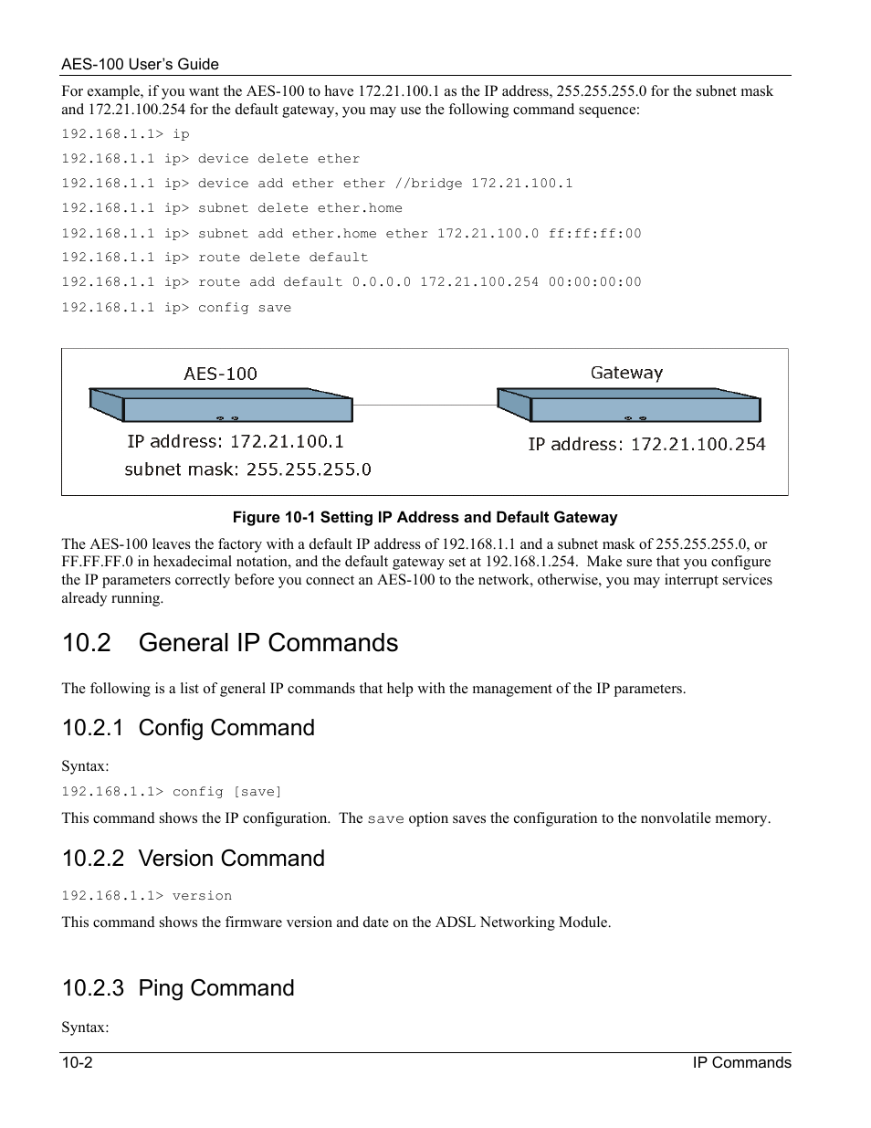 General ip commands, 2 general ip commands, 1 config command | 2 version command, 3 ping command | ZyXEL Communications AES-100 User Manual | Page 68 / 90