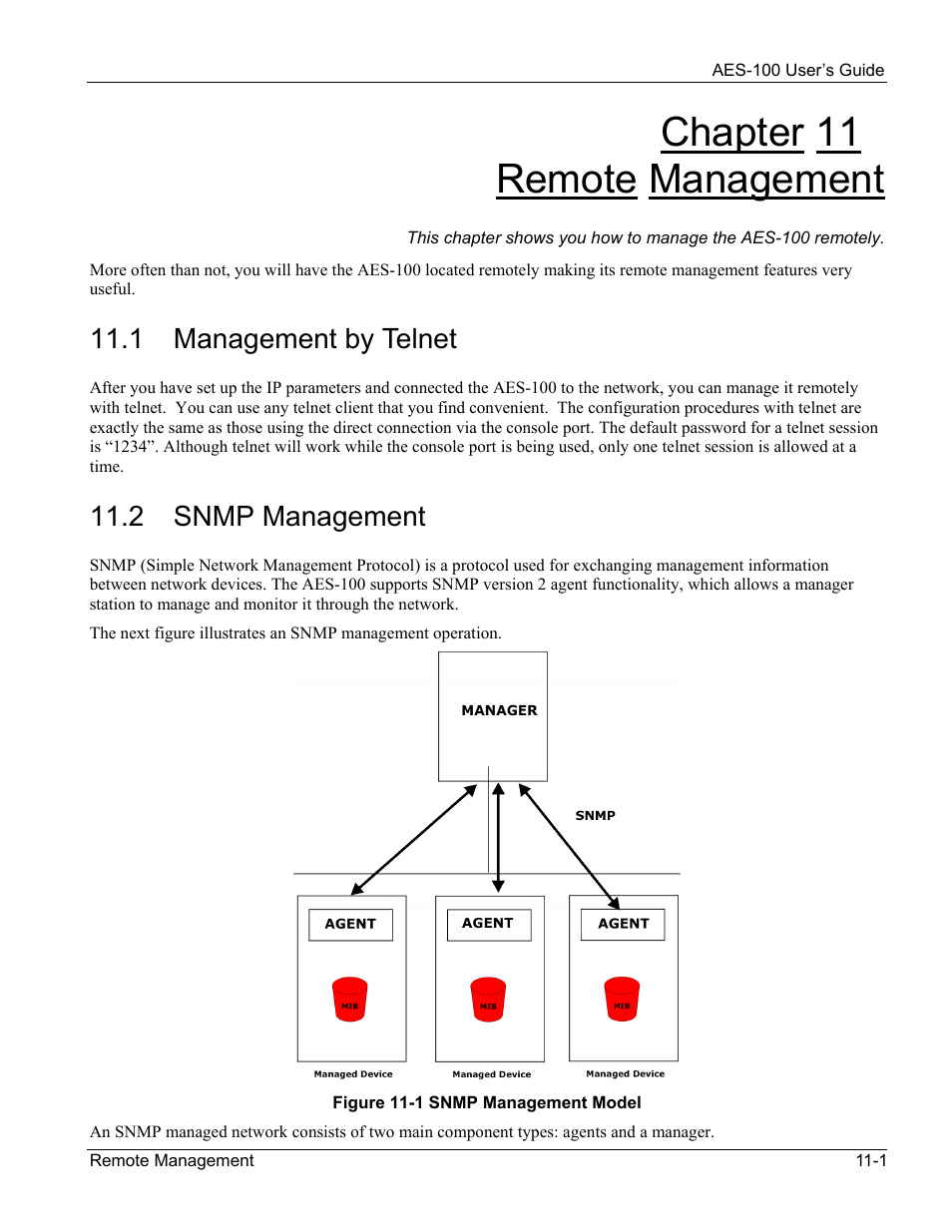 Remote management, Management by telnet, Snmp management | Chapter 11 remote management, 1 management by telnet, 2 snmp management | ZyXEL Communications AES-100 User Manual | Page 71 / 90