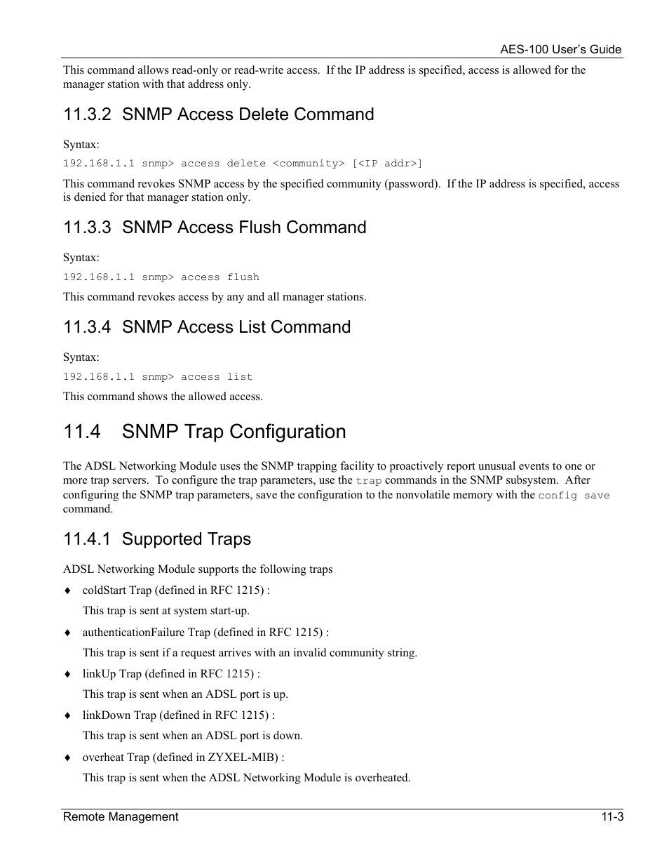 Snmp trap configuration, 4 snmp trap configuration, 2 snmp access delete command | 3 snmp access flush command, 4 snmp access list command, 1 supported traps | ZyXEL Communications AES-100 User Manual | Page 73 / 90