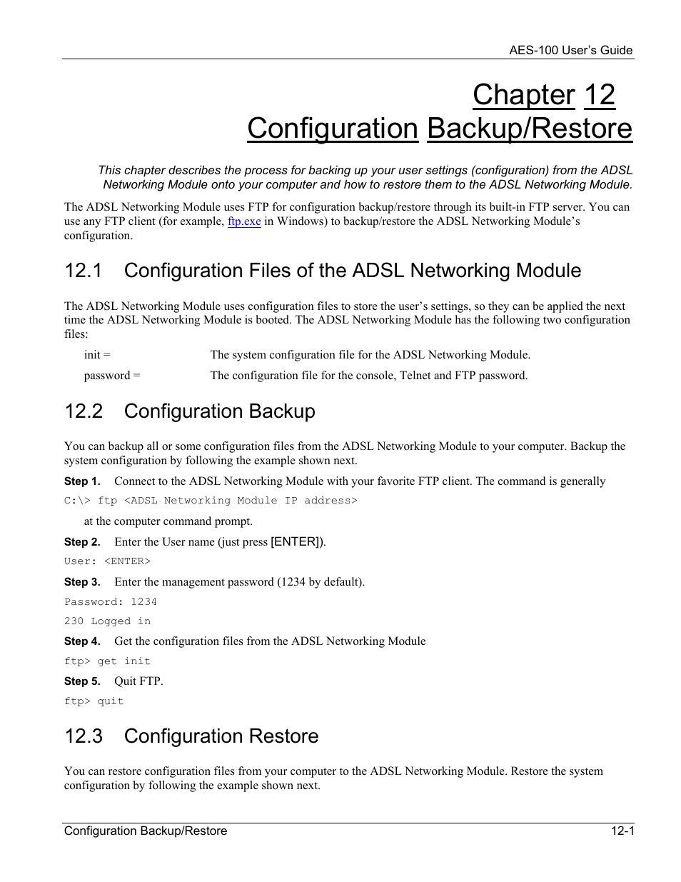 Configuration backup/restore, Configuration files of the adsl networking module, Configuration backup | Configuration restore, Chapter 12 configuration backup/restore, 2 configuration backup, 3 configuration restore | ZyXEL Communications AES-100 User Manual | Page 75 / 90