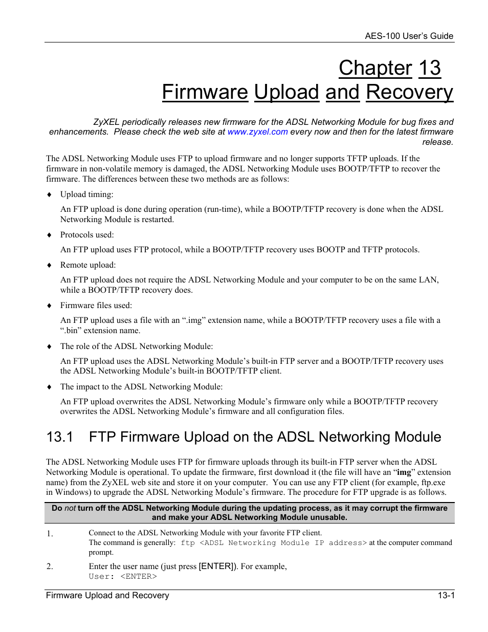 Firmware upload and recovery, Ftp firmware upload on the adsl networking module, Chapter 13 firmware upload and recovery | ZyXEL Communications AES-100 User Manual | Page 77 / 90