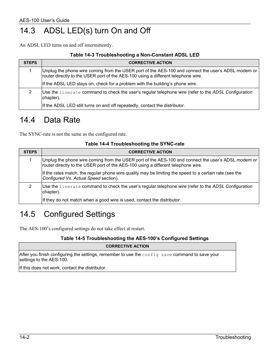 Adsl led(s) turn on and off, Data rate, Configured settings | 3 adsl led(s) turn on and off, 4 data rate, 5 configured settings | ZyXEL Communications AES-100 User Manual | Page 84 / 90