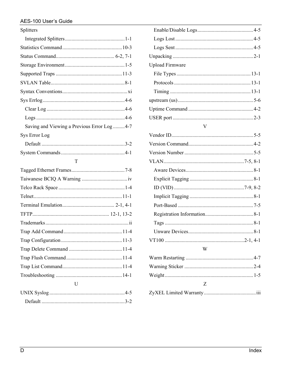 ZyXEL Communications AES-100 User Manual | Page 90 / 90