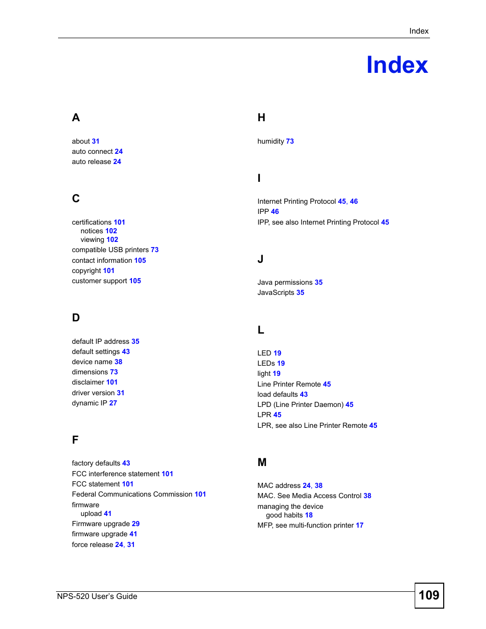 Index | ZyXEL Communications NPS-520 User Manual | Page 109 / 112