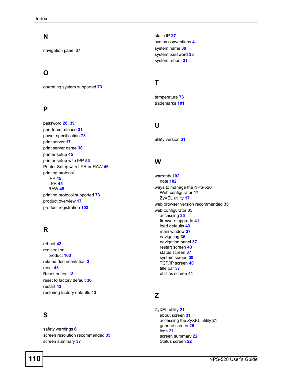 ZyXEL Communications NPS-520 User Manual | Page 110 / 112