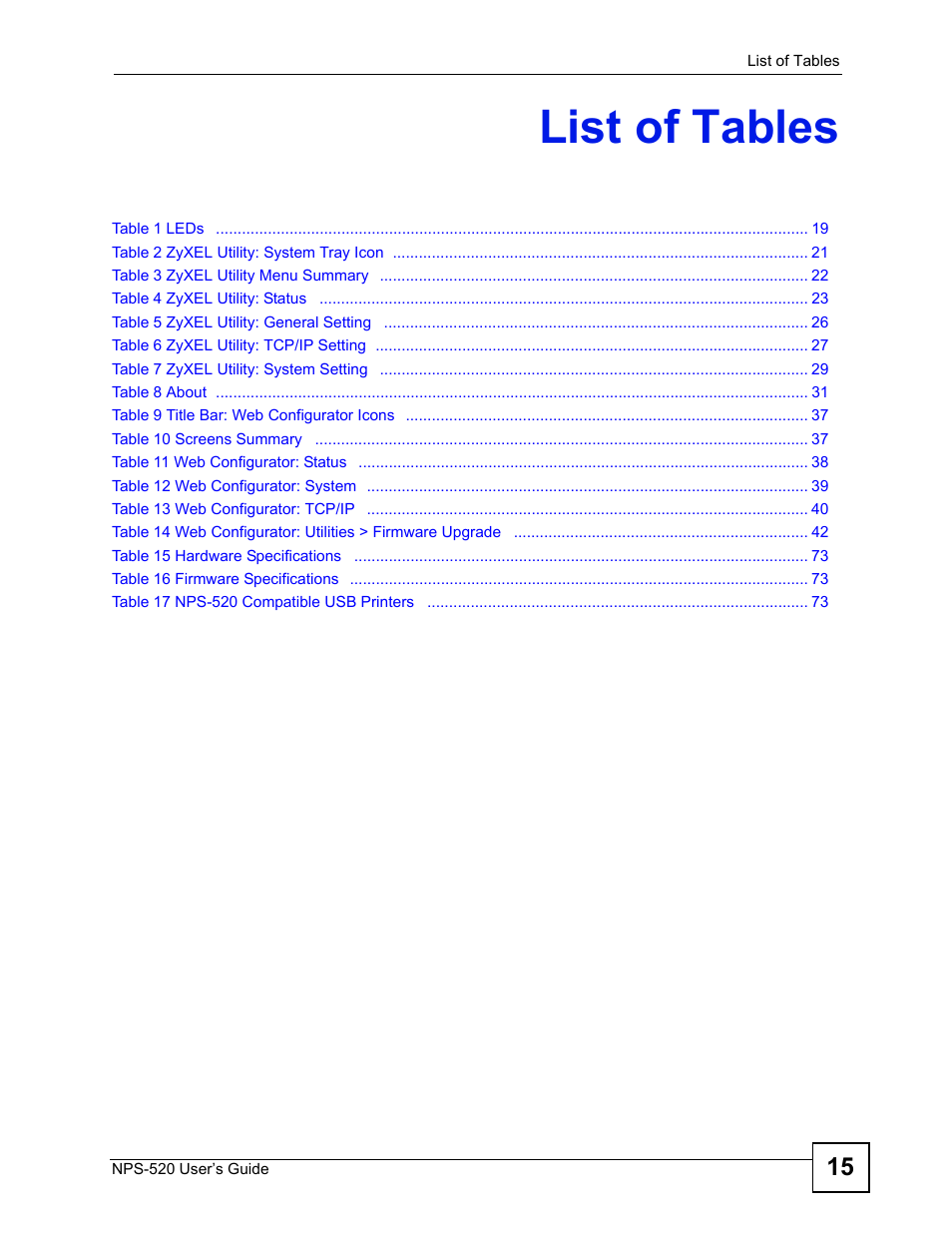 List of tables | ZyXEL Communications NPS-520 User Manual | Page 15 / 112