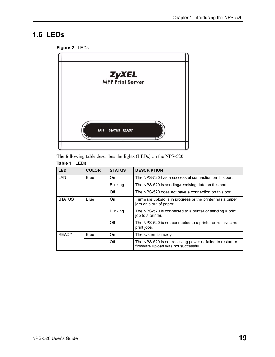6 leds, Figure 2 leds, Table 1 leds | 19 1.6 leds | ZyXEL Communications NPS-520 User Manual | Page 19 / 112