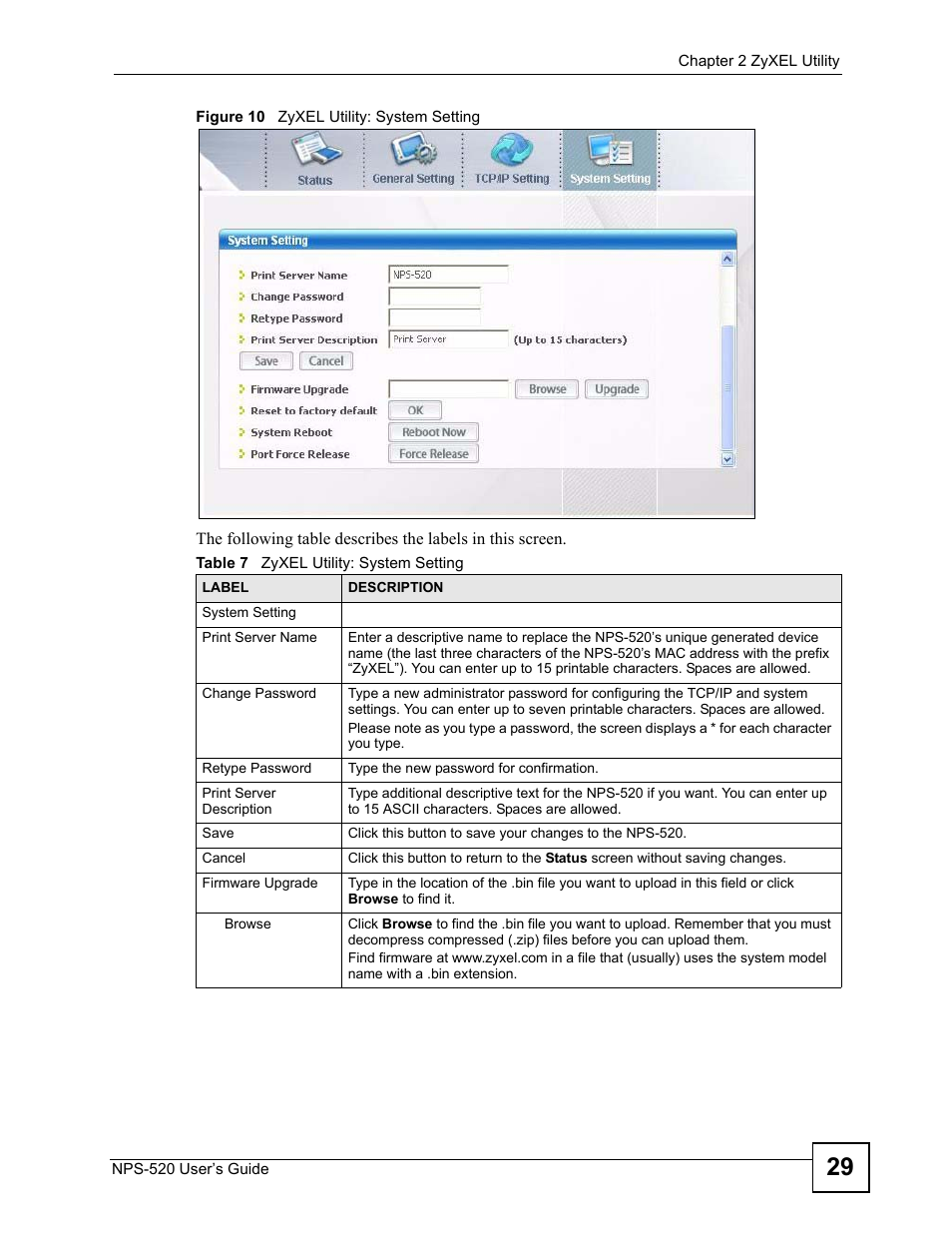 Figure 10 zyxel utility: system setting, Table 7 zyxel utility: system setting | ZyXEL Communications NPS-520 User Manual | Page 29 / 112