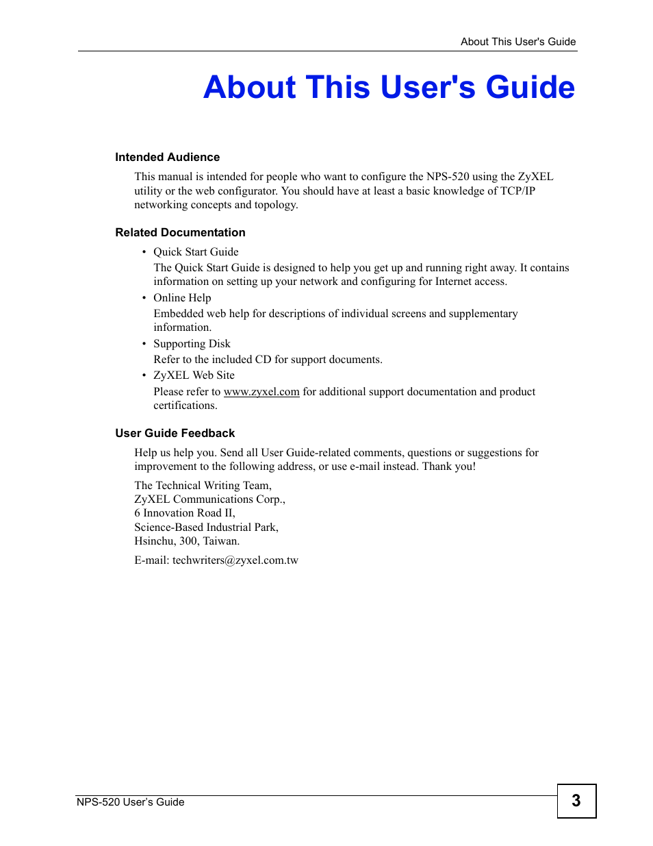 About this user's guide | ZyXEL Communications NPS-520 User Manual | Page 3 / 112