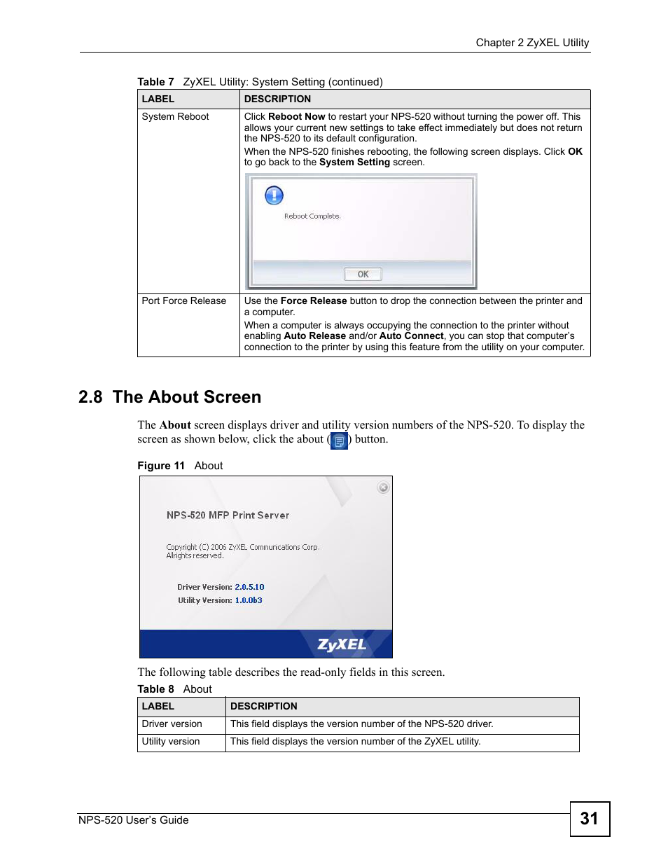 8 the about screen, Figure 11 about, Table 8 about | 31 2.8 the about screen | ZyXEL Communications NPS-520 User Manual | Page 31 / 112